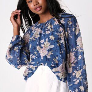 Lulus Garden Blossoms Blue Floral Cutout Drawstring Long Sleeve Top - Size M
